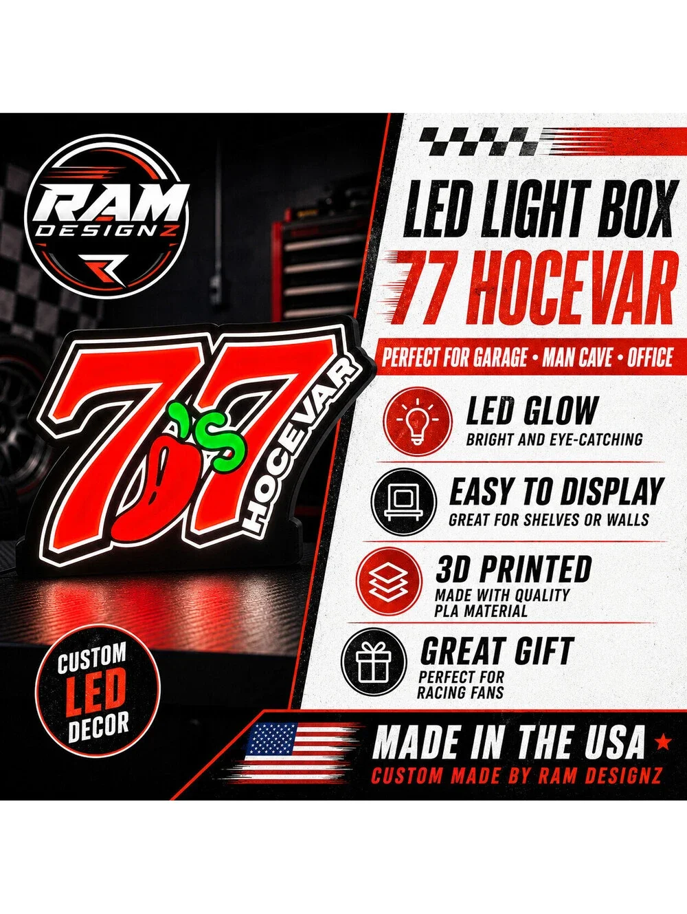 77 Hocevar Inspired LED Light Box Racing Decor 3D Printed Man Cave Sign